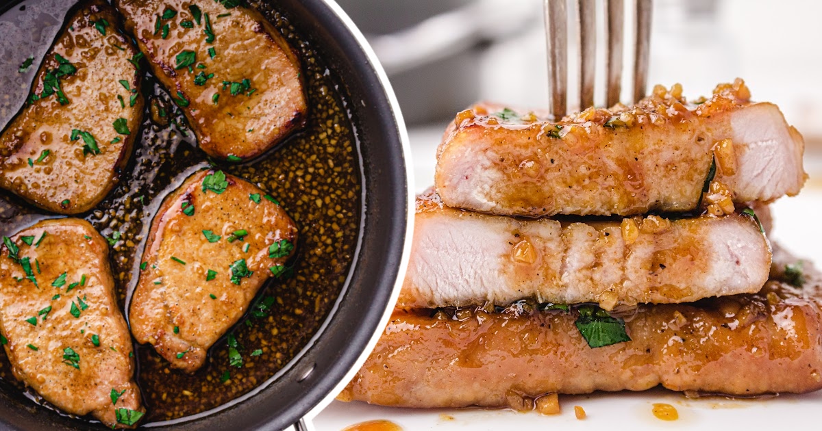 three pieces of Honey Garlic Pork Chops with a fork at the top, with some pork chops in a skillet