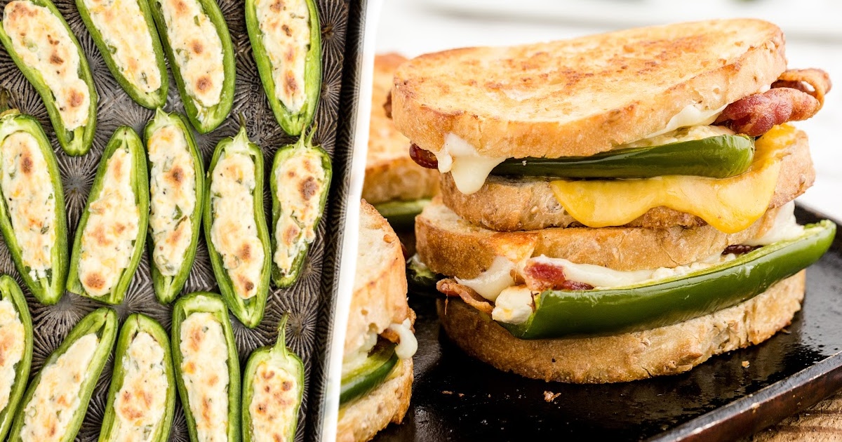 Side-by-side layout showing baked jalapeño poppers and a grilled cheese sandwich filled with the same popper ingredients.