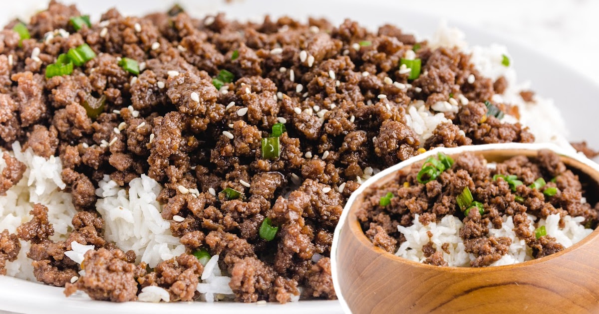 Korean Beef with white rice on a plate and in a wooden bowl