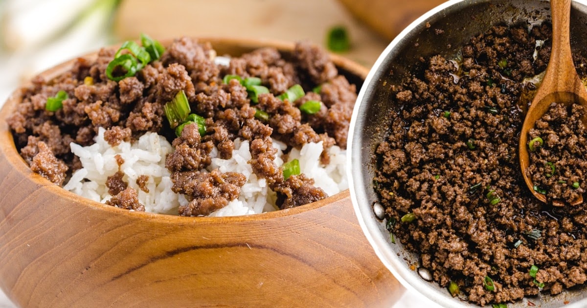 Korean Beef with rice in a wooden bowl and some Korean Beef in a skillet with a wooden spoon in it