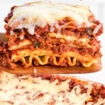 a wooden spatula holding a piece of Lasagna