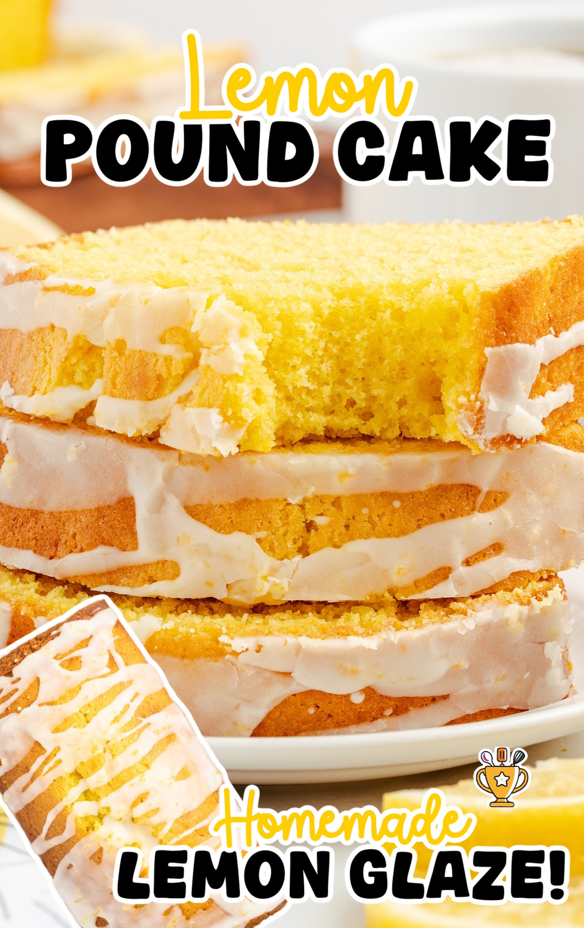 Three slices of lemon pound cake stacked neatly on a white plate, with icing glaze dripping down the sides