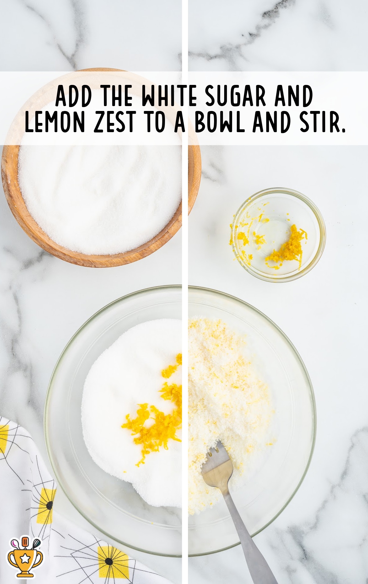 white sugar and lemon zest added to a bowl