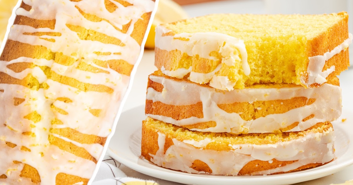 Overhead and side view collage showing a whole glazed lemon pound cake loaf and a stack of slices, with one slice showing a bite taken out, all set against a bright, fresh background with lemons.