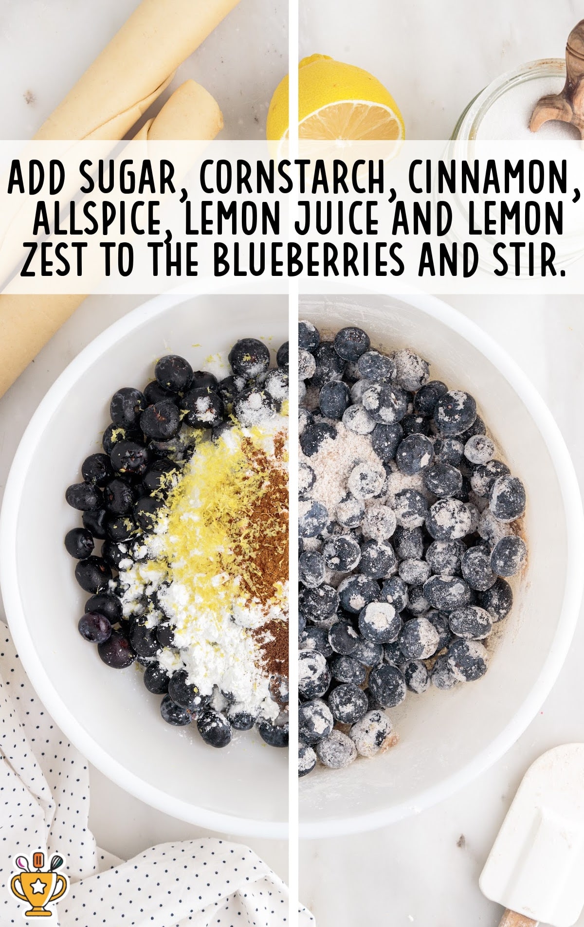 Overhead shot of a mixing bowl with fresh blueberries being combined with lemon zest, cornstarch, sugar, cinnamon, allspice, and lemon juice.