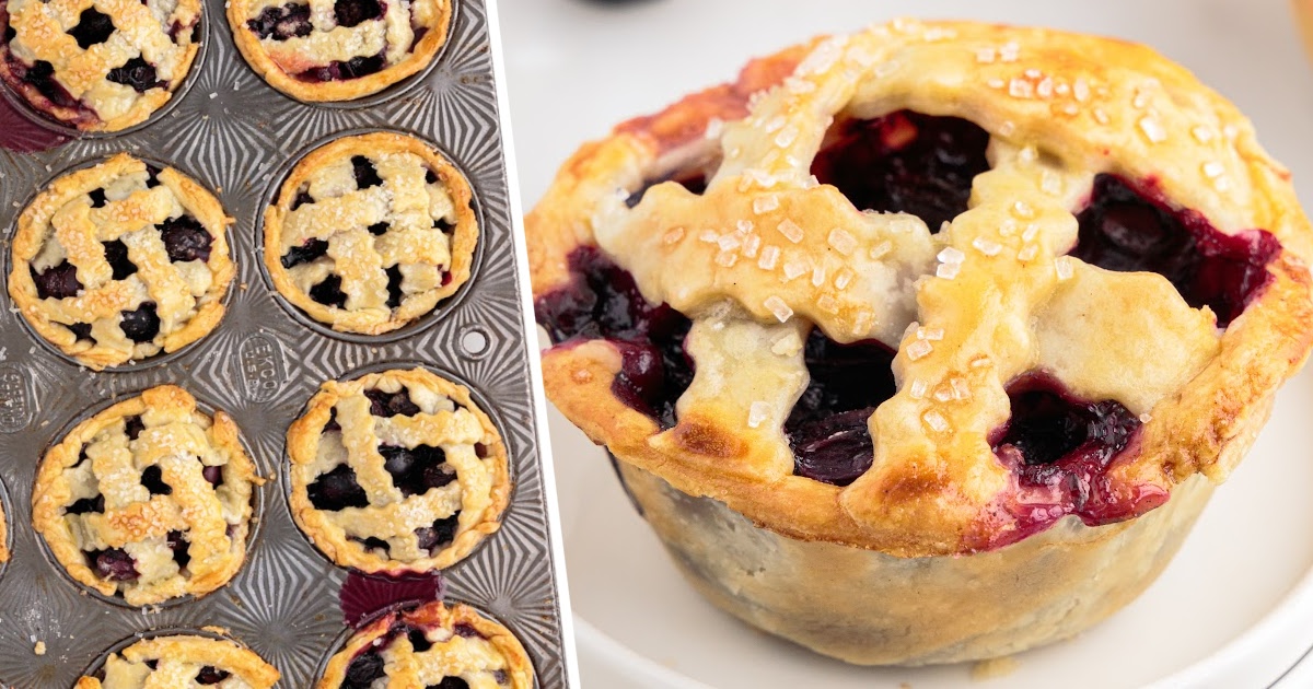 Baked mini pies in a muffin tin next to a single pie on a plate, featuring a golden crust and sugared top.