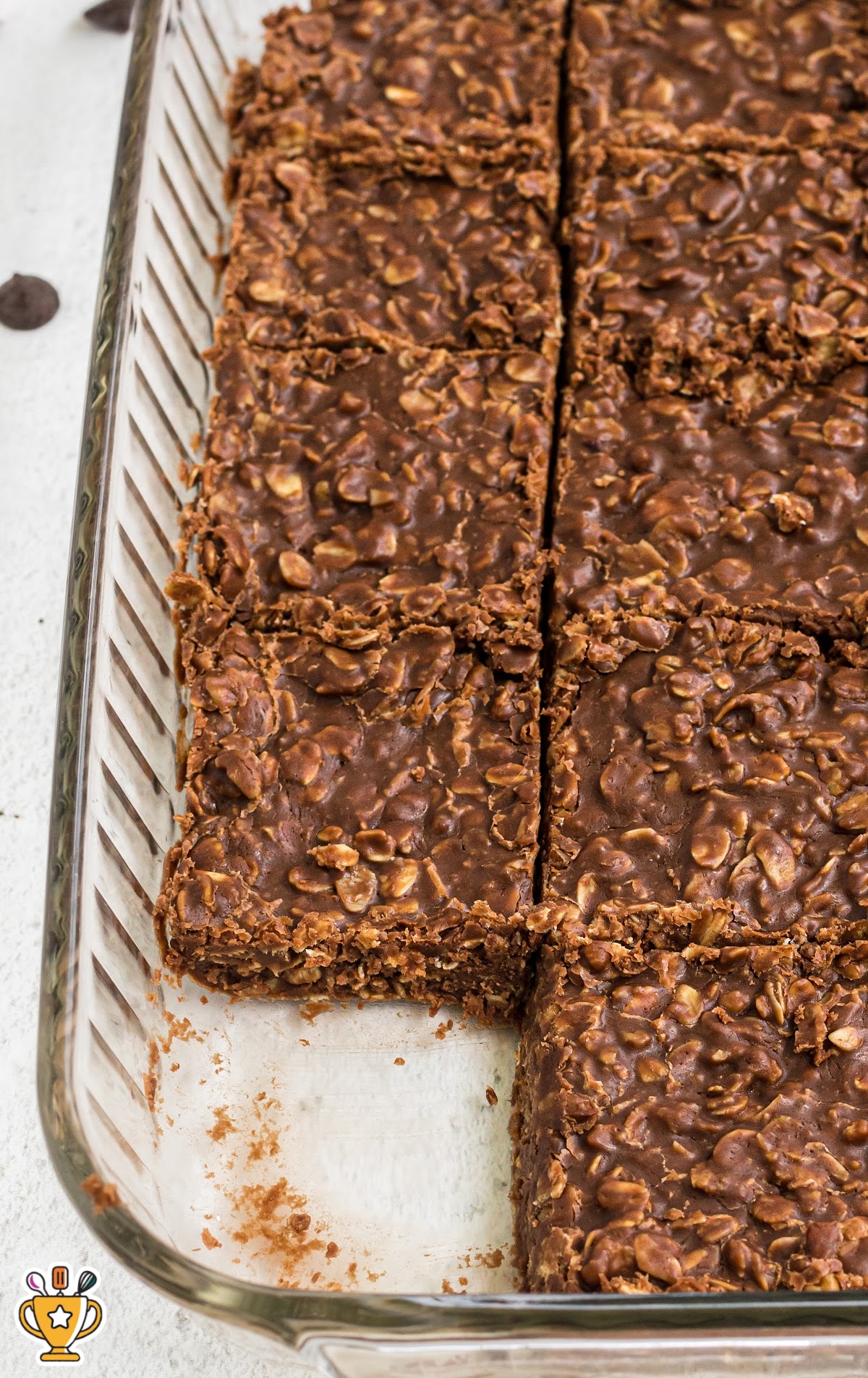 No Bake Chocolate Oatmeal Cookie Bars in a baking dish