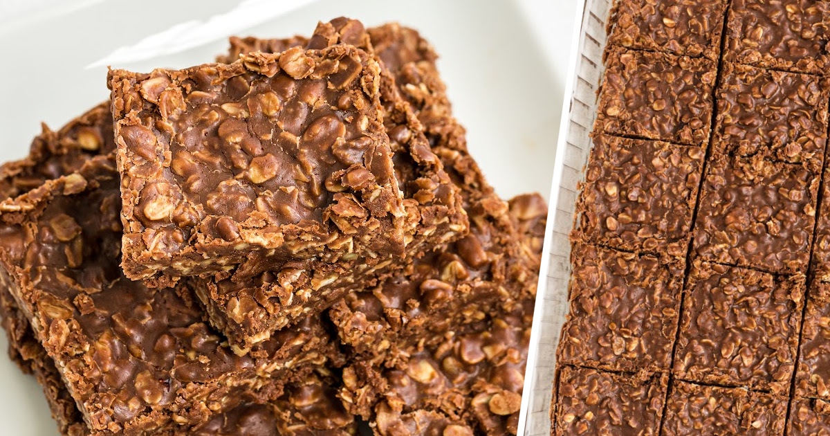 a stack of No Bake Chocolate Oatmeal Cookie Bars
