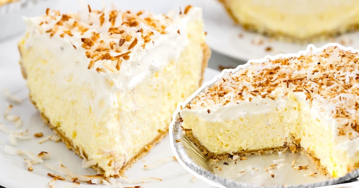Side-by-side of a whole pie with one slice removed and a standalone slice showing creamy filling and coconut flakes.