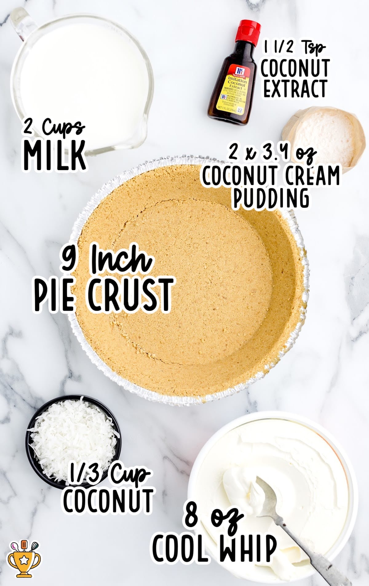 Flat lay of labeled ingredients including pie crust, pudding mix, Cool Whip, coconut, coconut extract, and milk.
