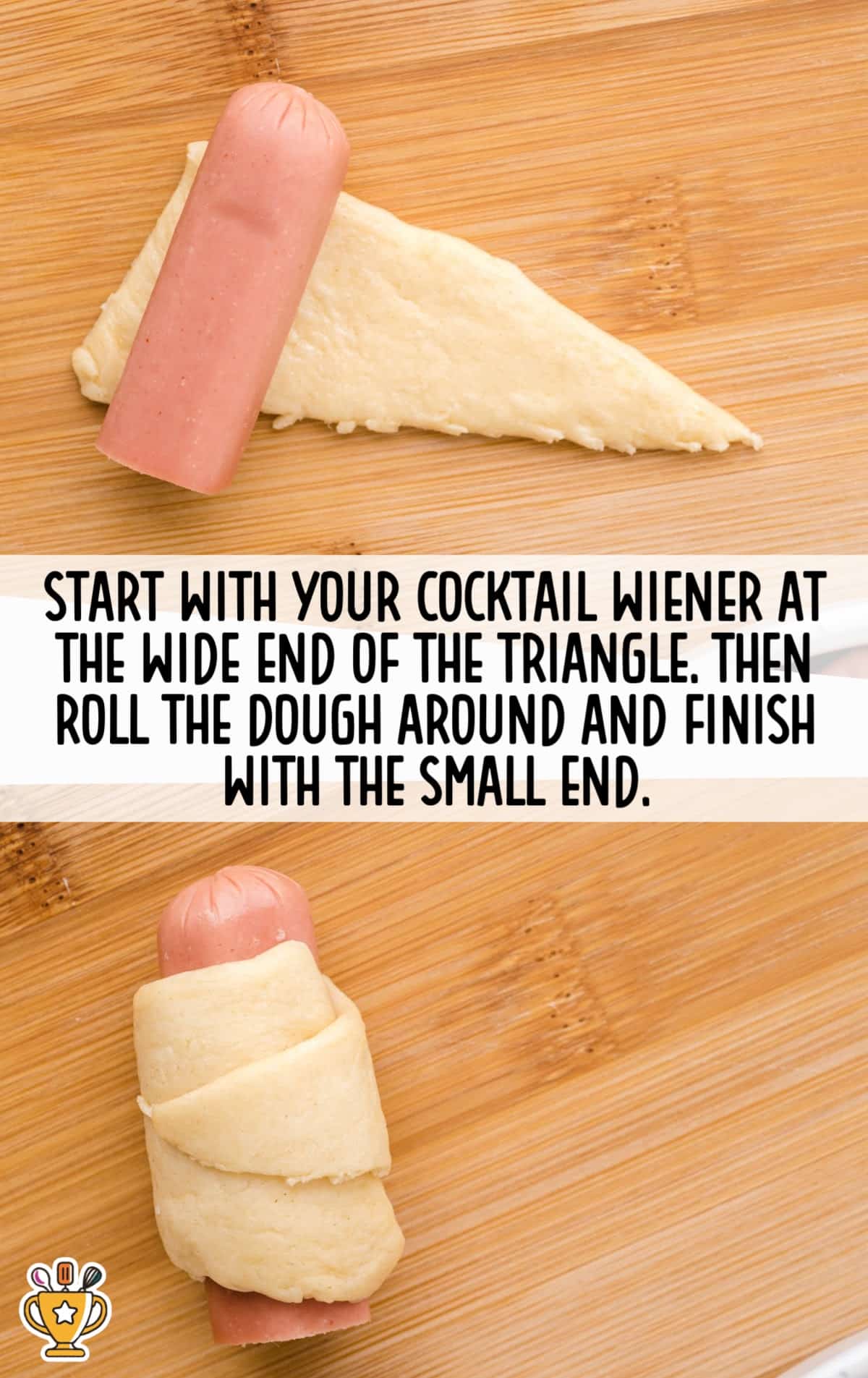 A step-by-step photo showing the process of wrapping a cocktail wiener with crescent dough, highlighting the preparation method.