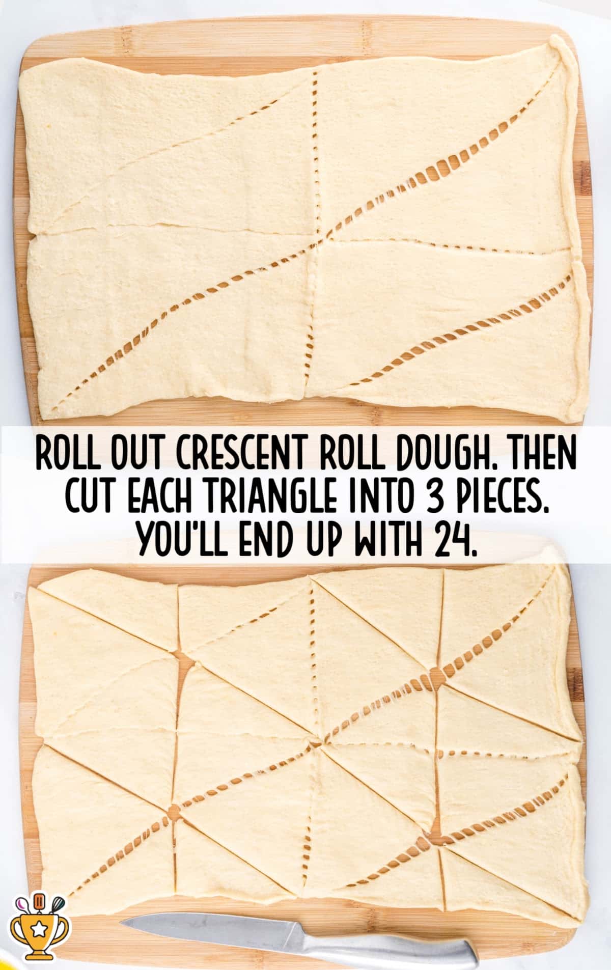 Crescent dough is rolled out and cut into small triangles to make 24 pieces for wrapping cocktail wieners.