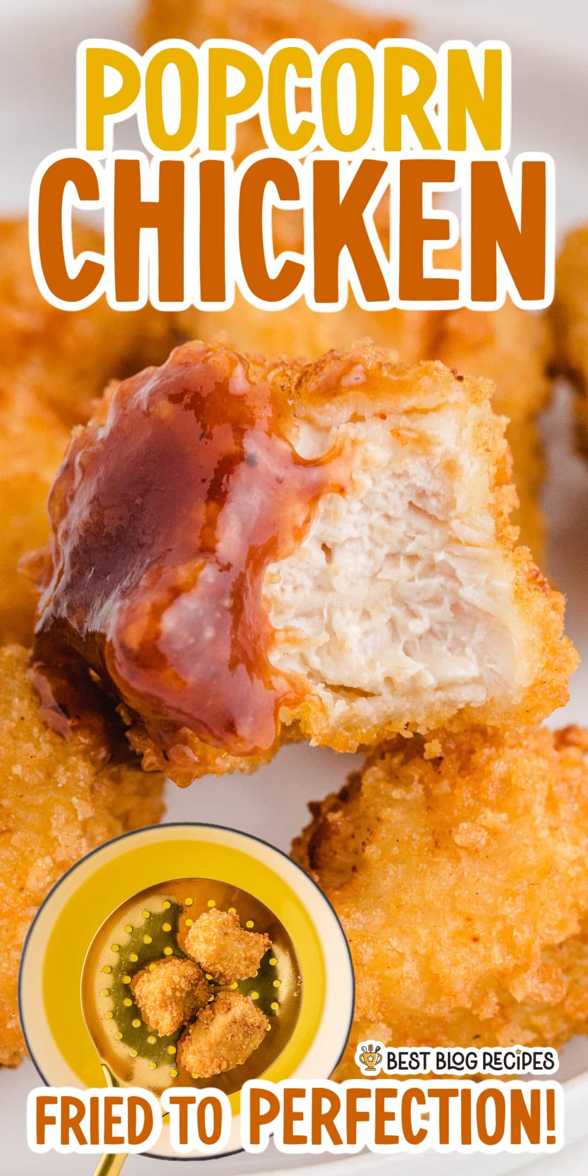 a Popcorn Chicken with a bite on it
