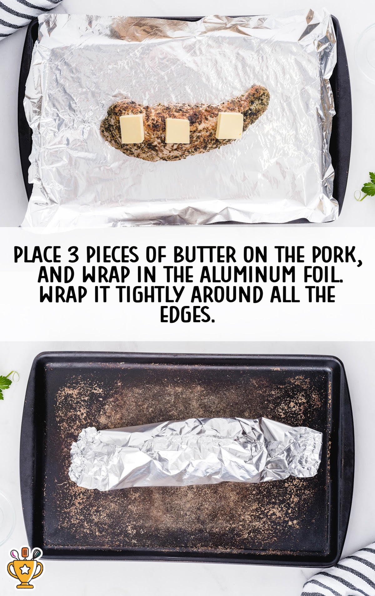 placing 3 pieces of butter on the pork