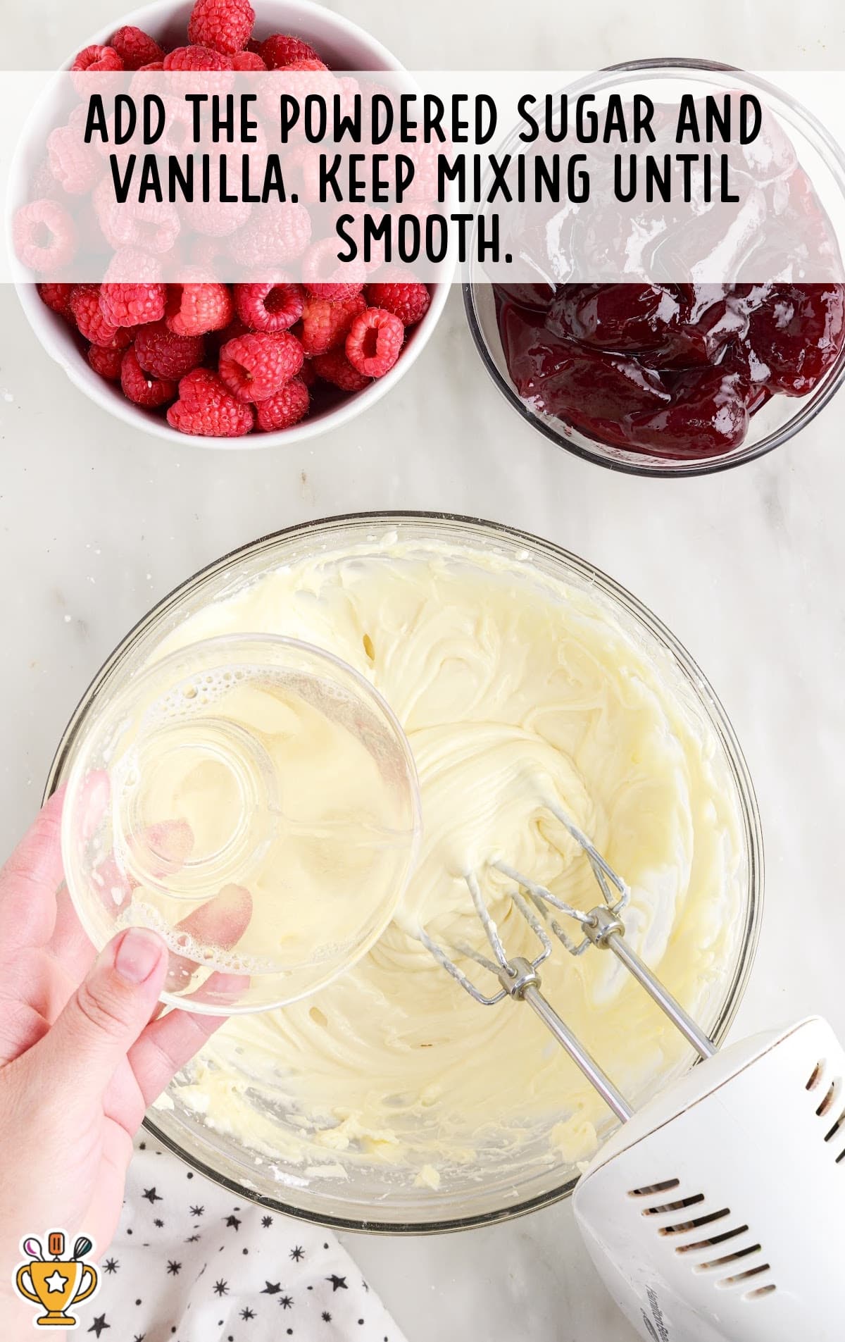 adding powdered sugar and vanilla in a bowl