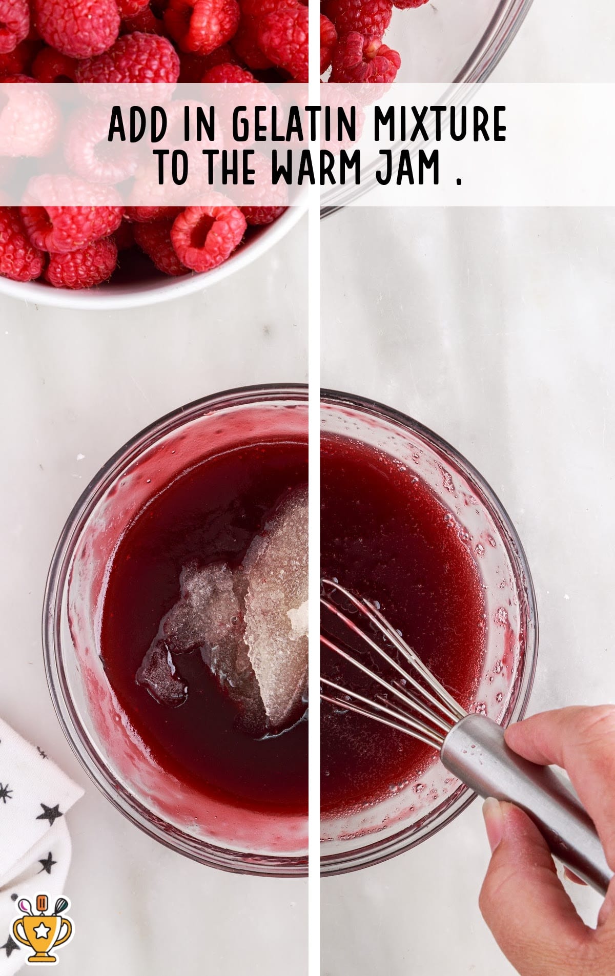 adding gelatin mixture to the jam in a bowl