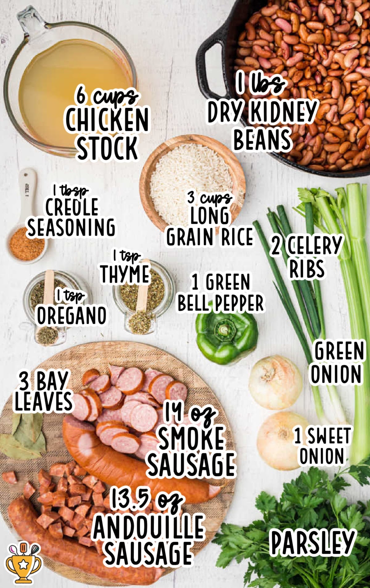 Top-down layout of labeled red beans and rice ingredients, including smoked sausage, rice, veggies, and seasonings.