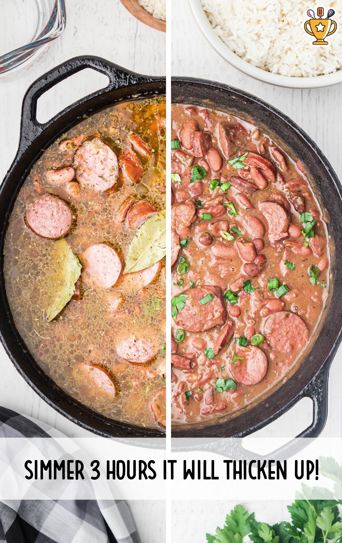 Split image showing the red beans and sausage before and after a 3-hour simmer, resulting in a rich, thickened sauce.