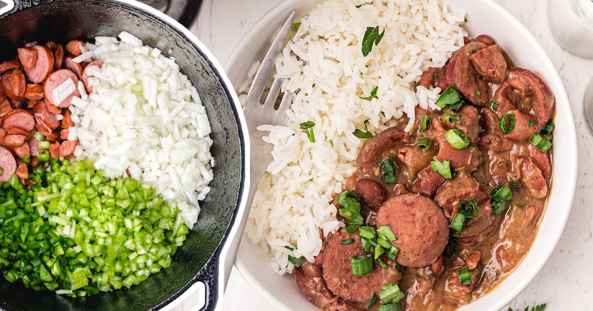 Side-by-side shot of a skillet with diced sausage, onions, celery, and peppers, next to a plated bowl of red beans and rice.