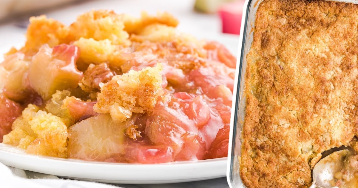 Rhubarb Dump Cake on a white plate