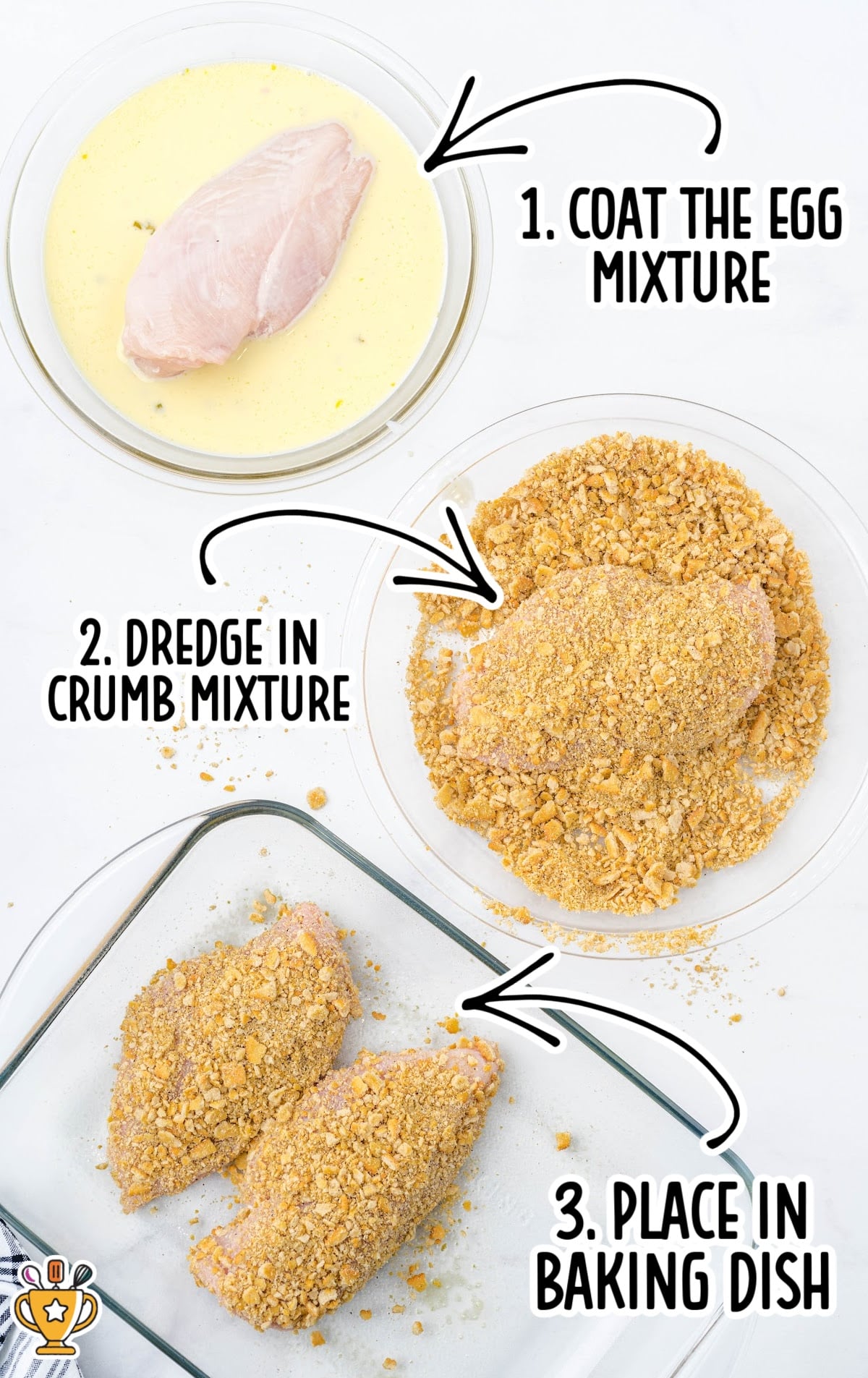 a photo showing the three steps of making Ritz Chicken, step 1 showing a bowl with the egg mixture and a piece of chicken in it, step 2 dredging a piece of chicken breast in crumb mixture and step 3 placing the chicken breasts with crumbs in a baking dish