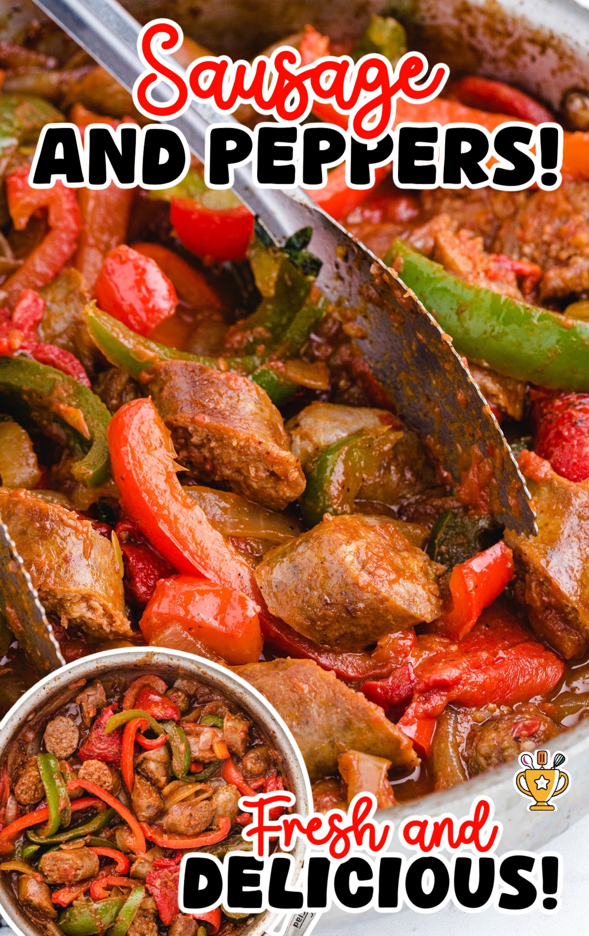 Sausage and peppers with colorful bell peppers and sausage links in a skillet, ready to be served.