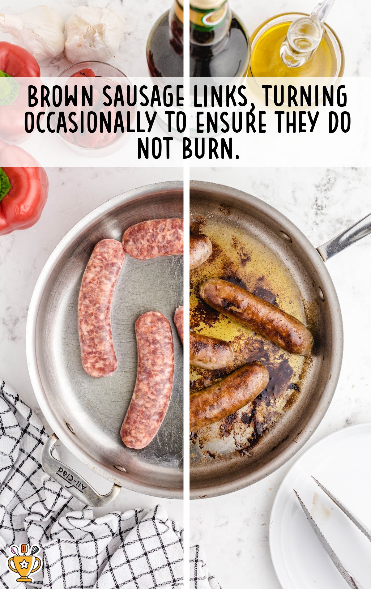 A skillet with sausage links cooking on medium heat. The sausages are browned on one side, and the skillet shows signs of searing with a few scattered pieces of garlic and bell peppers in the background.