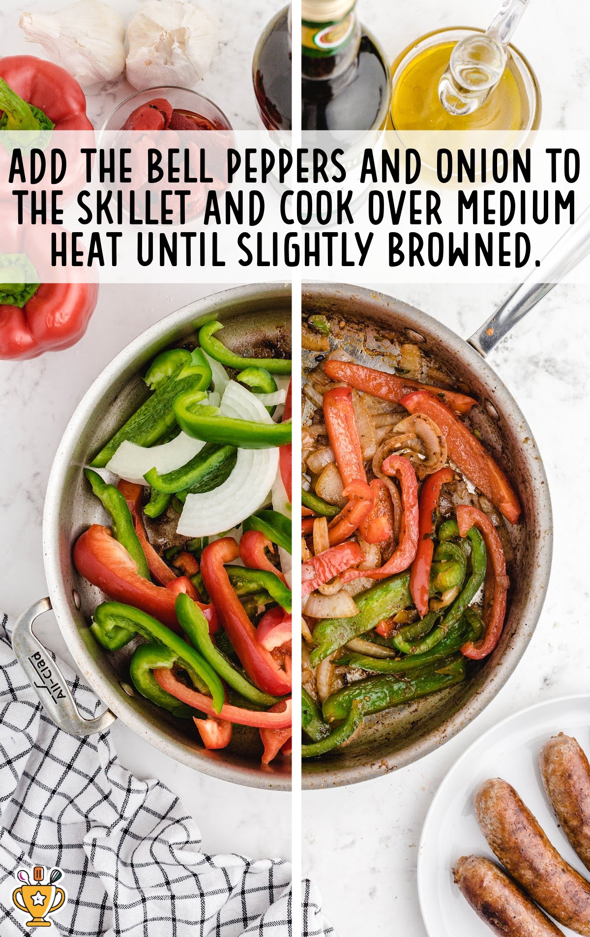 The skillet with sliced bell peppers and onions being cooked, with the vegetables beginning to soften and slightly brown. The scene includes a pair of tongs and other ingredients on the counter.