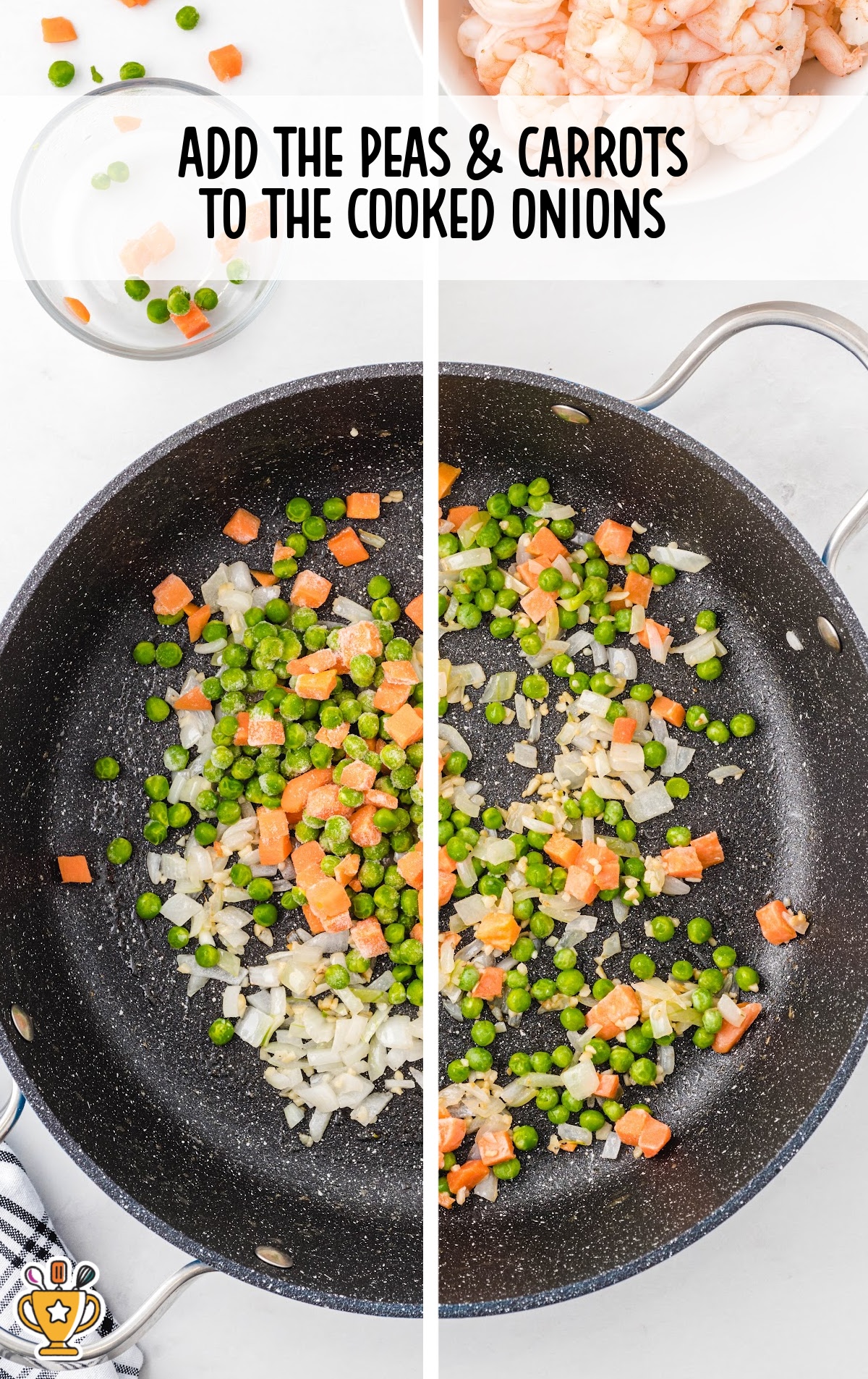 peas and carrots added to a skillet