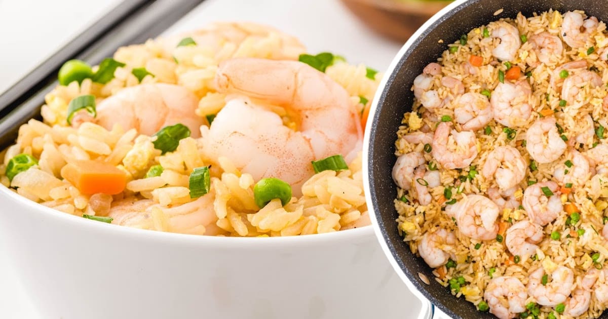 Shrimp Fried Rice in a bowl and in a skillet