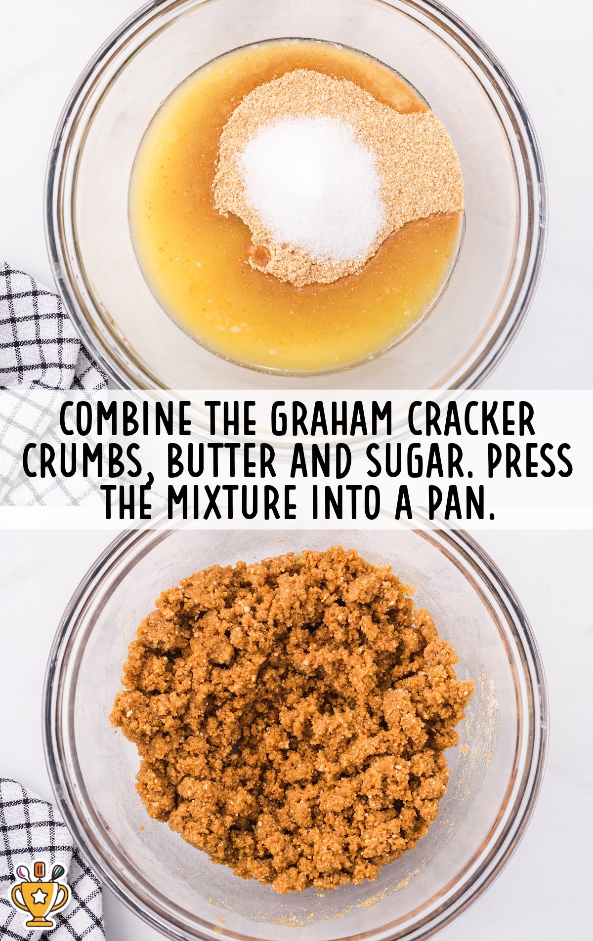 A bowl with graham cracker crumbs, sugar, and butter, ready to be mixed for the crust of the strawberry rhubarb cheesecake.