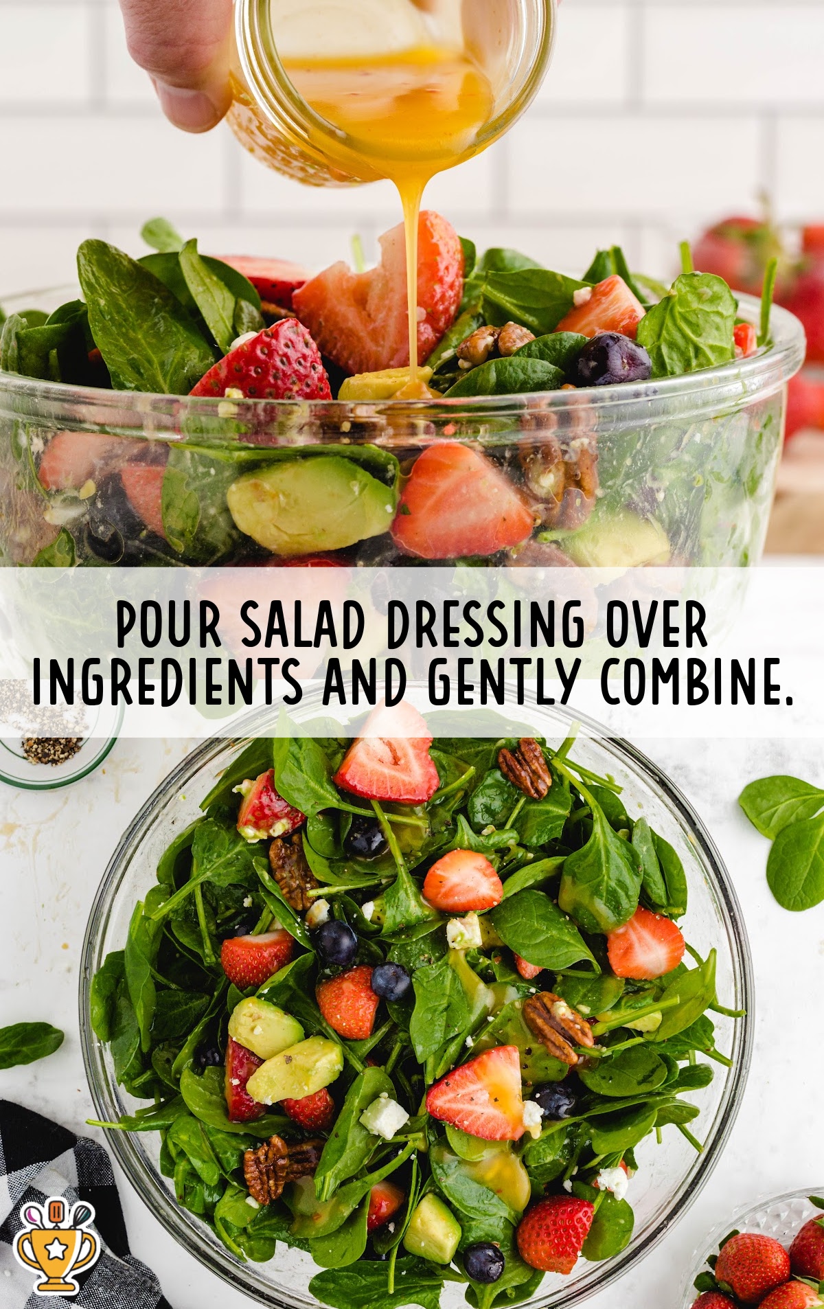 A step-by-step photo of tossing the salad ingredients together, with fresh spinach, strawberries, and other toppings being mixed in a large bowl.