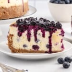 a piece of Blueberry Cheesecake on a plate