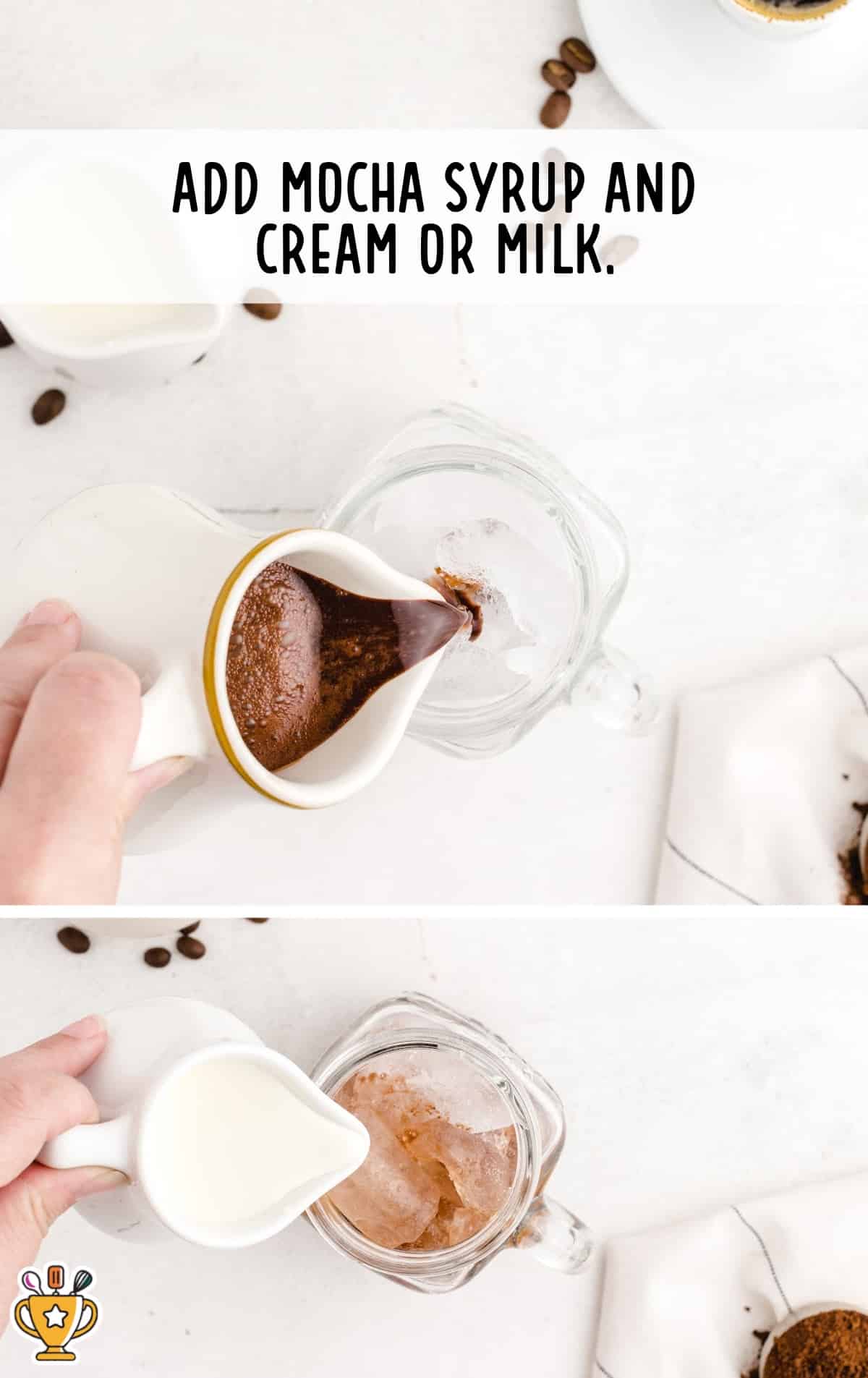 adding mocha syrup and cream