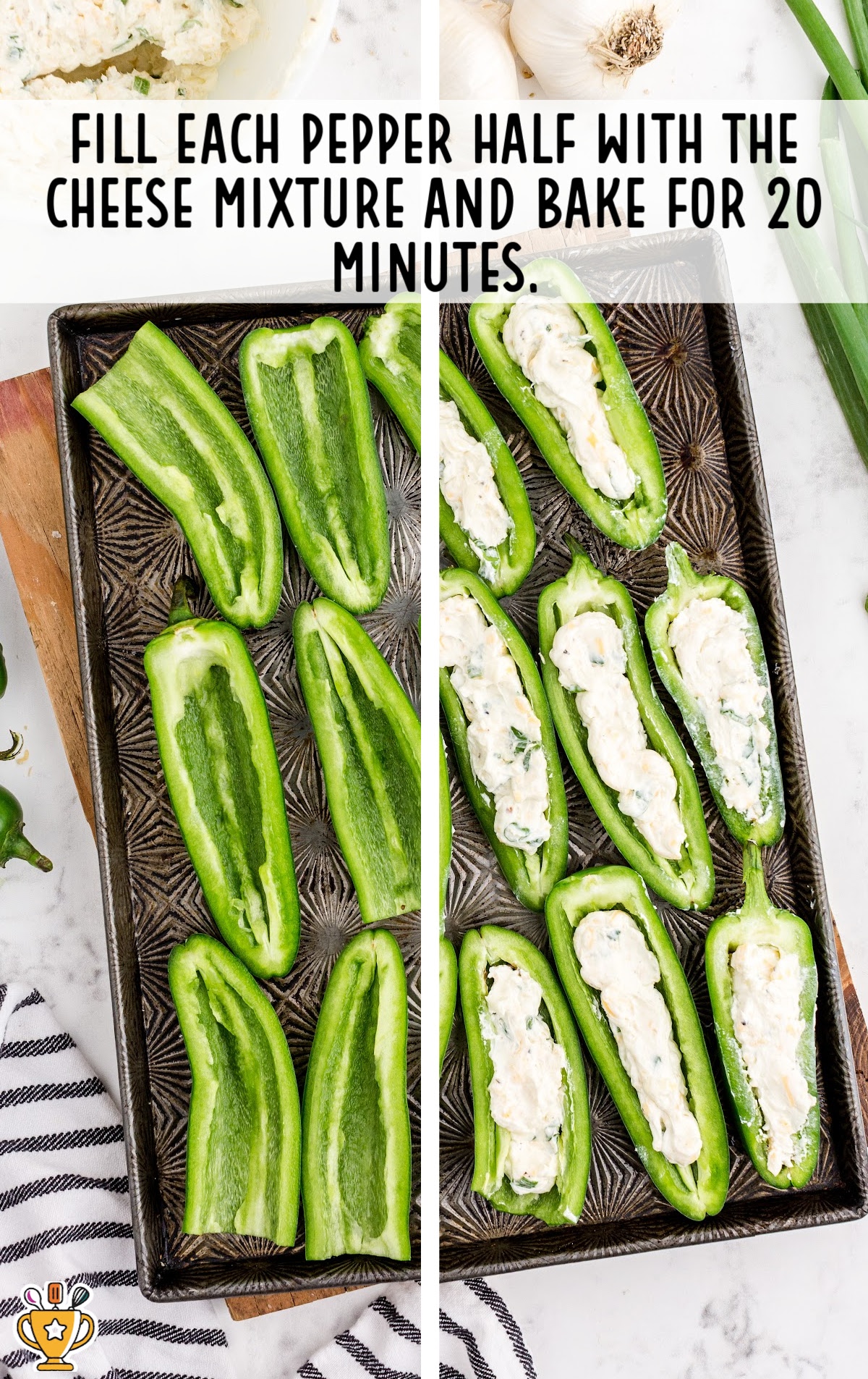 Side-by-side image of halved jalapeños on a baking sheet before and after being filled with the cheesy mixture, ready to bake.