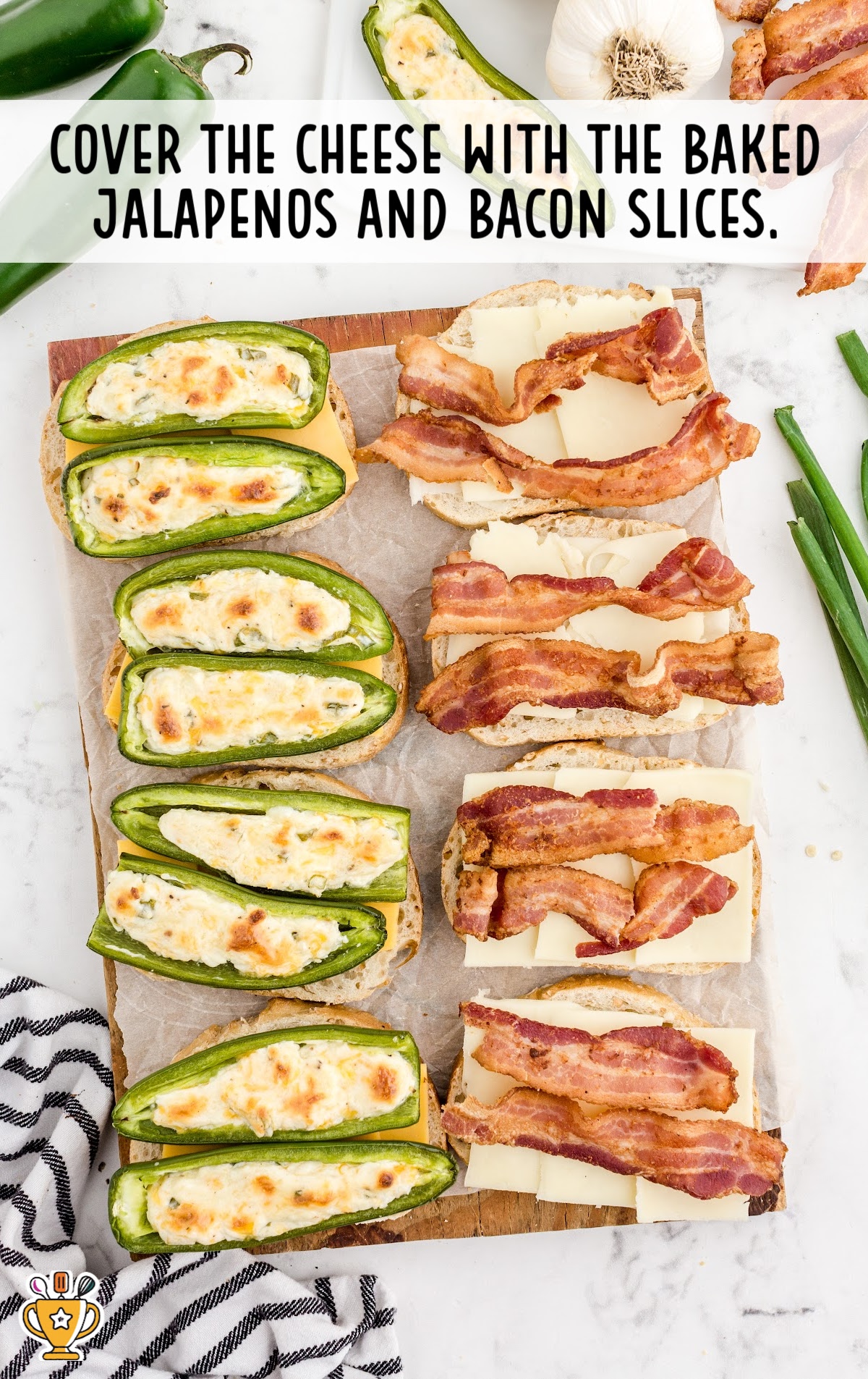 Split image showing cheese-topped bread slices layered with baked jalapeños on one side and crispy bacon strips on the other.