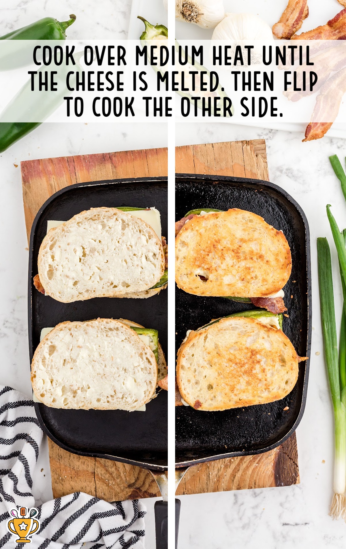 Before and after image of sandwiches being grilled, showing the transition from uncooked to perfectly golden brown on a stovetop griddle.