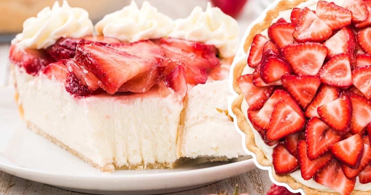 A slice of strawberry cream cheese pie with whipped cream on top and fresh strawberries, set on a plate with more strawberries in the background.