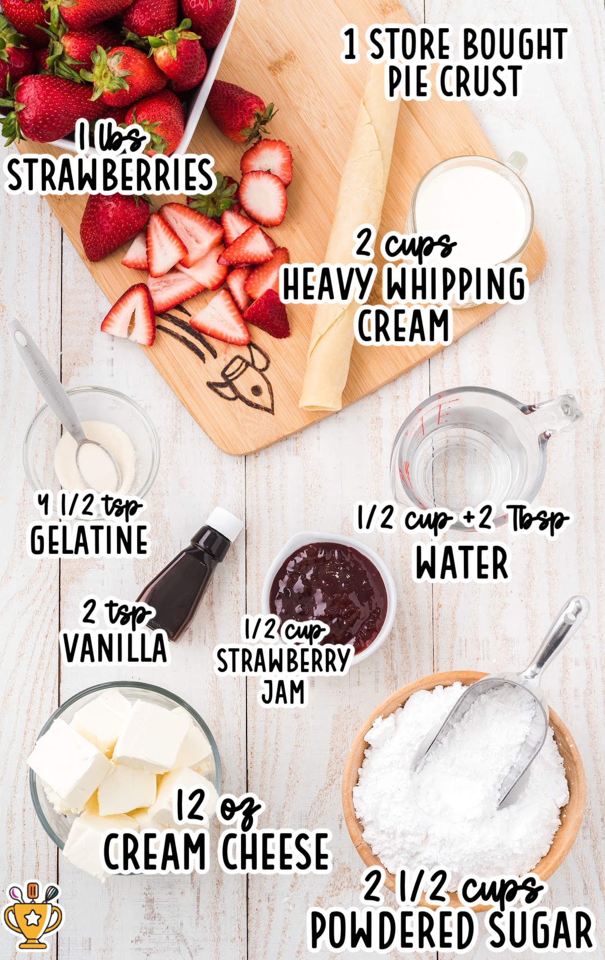 A spread of ingredients for strawberry cream cheese pie, including strawberries, heavy cream, gelatine, and powdered sugar arranged on a wooden surface.