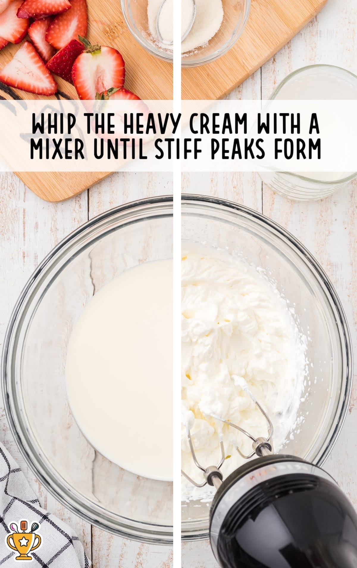A clear mixing bowl with heavy whipping cream being whipped with a mixer, ready to be used in the pie filling.