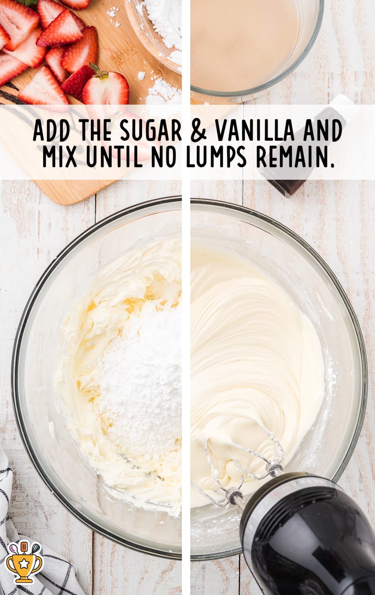 Cream cheese, powdered sugar, and vanilla are being mixed together in a bowl with a hand mixer for the pie filling.