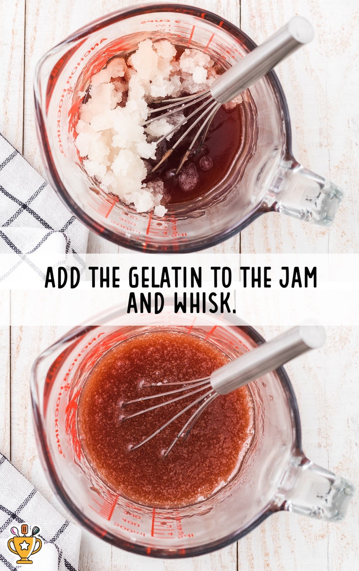 Gelatin is added to the strawberry jam and whisked to create the glaze for the pie topping.
