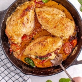 A recipe card showing the steps to make sun-dried tomato stuffed chicken, including ingredient measurements and instructions.