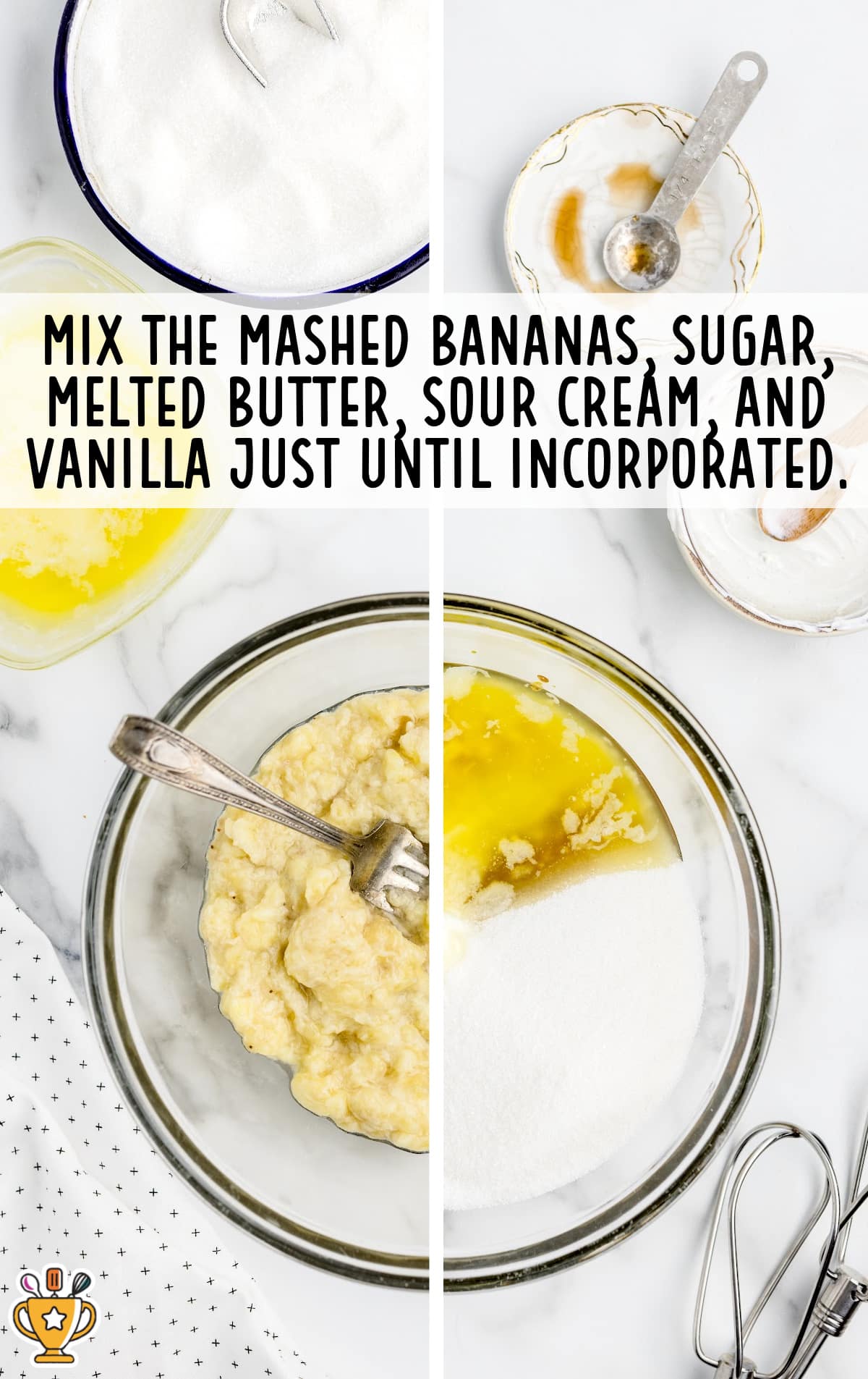mashed bananas, sugar, melted butter, sur cream and vanilla mixed in a bowl