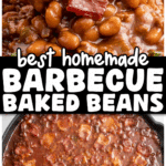Close-up of baked beans with ground beef and bacon, garnished with green onions and shown with a wooden spoon scooping a bite; text overlay reads “Baked Beans with Ground Beef and Bacon!” with a fun arrow pointing to the food.