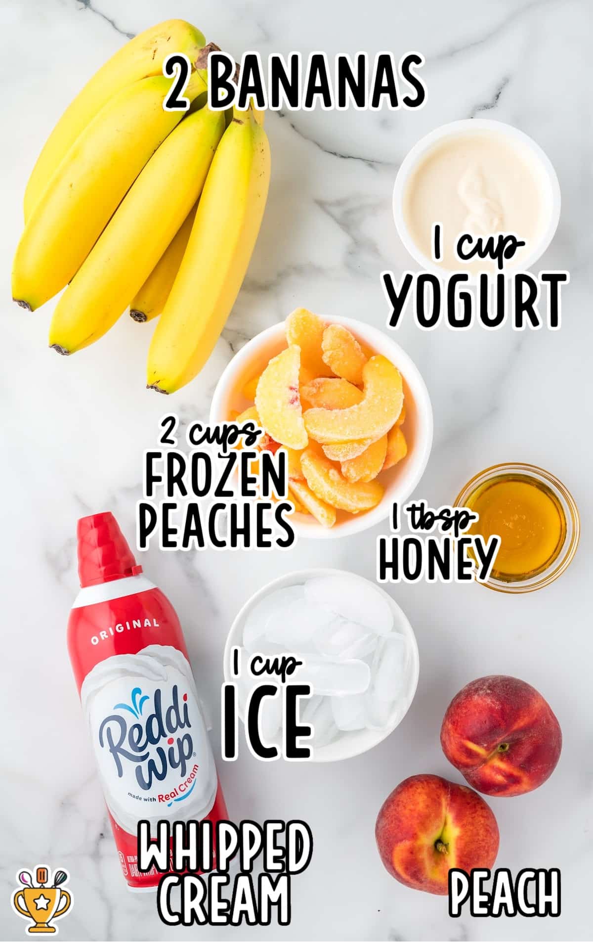 Flat lay of peach banana smoothie ingredients including bananas, frozen peaches, yogurt, honey, ice cubes, and whipped cream labeled with text.