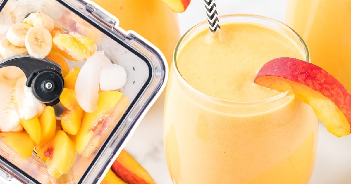 Split image showing a blender filled with peaches, bananas, yogurt, and ice on one side and a finished smoothie with a peach slice and straw on the other.