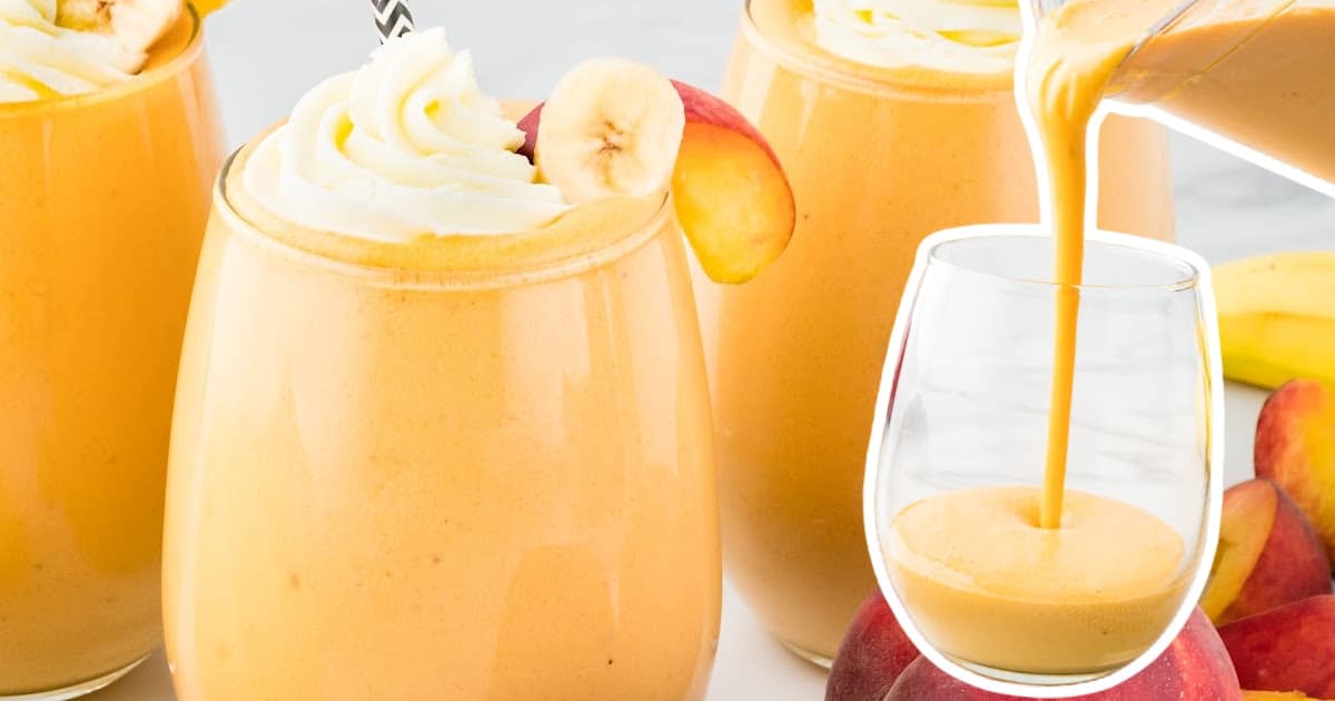 Peach banana smoothie being poured into a glass, surrounded by whipped-topped smoothies garnished with banana and peach slices.