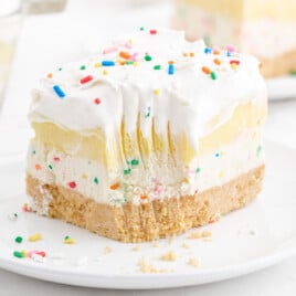 Recipe card layout showing birthday cake delight on a plate