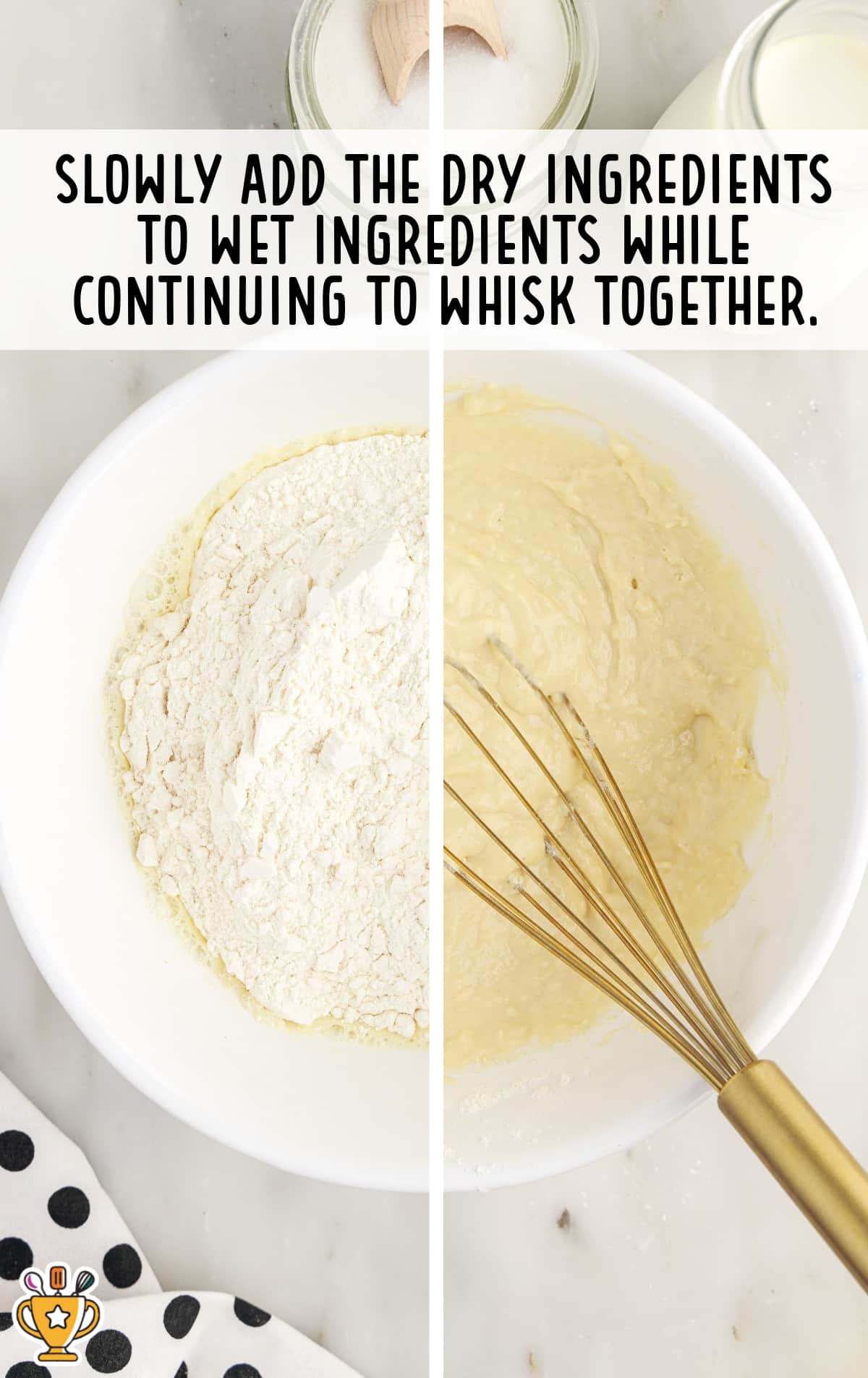 Two images showing flour being added to the wet mixture and whisked together to form funnel cake batter.